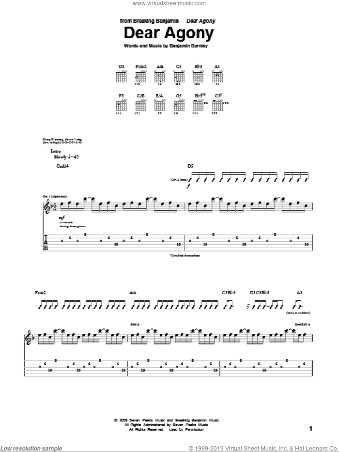 Dear Agony sheet music for guitar (tablature) by Breaking Benjamin and Benjamin Burnley, intermediate skill level