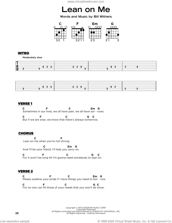 Lean On Me, (beginner) sheet music for guitar solo by Bill Withers and Club Nouveau, beginner skill level