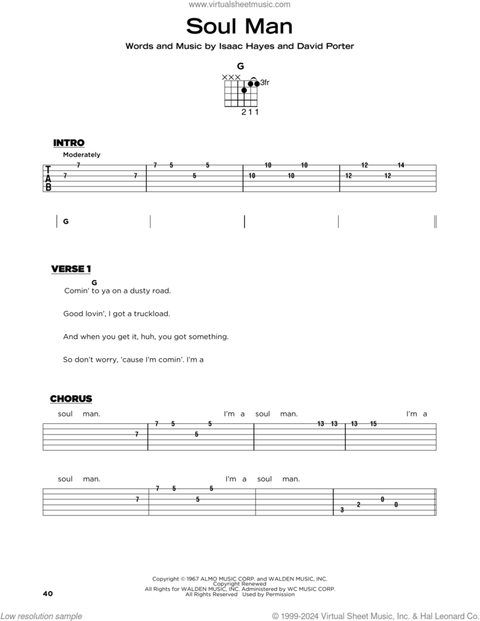 Soul Man sheet music for guitar solo by Sam & Dave, David Porter and Isaac Hayes, beginner skill level