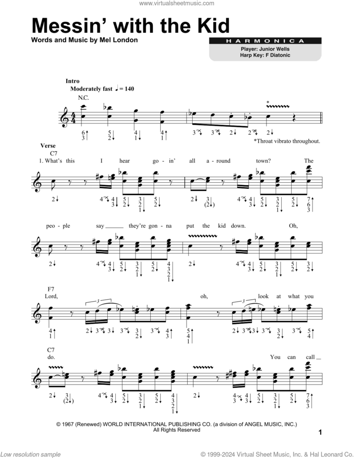 Messin' With The Kid sheet music for harmonica solo by Buddy Guy & Junior Wells and Mel London, intermediate skill level