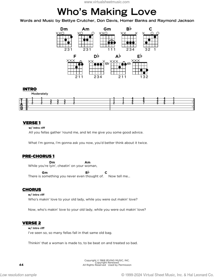 Who's Making Love sheet music for guitar solo by Johnnie Taylor, Bettye Crutcher, Don Davis, Homer Banks and Raymond Jackson, beginner skill level