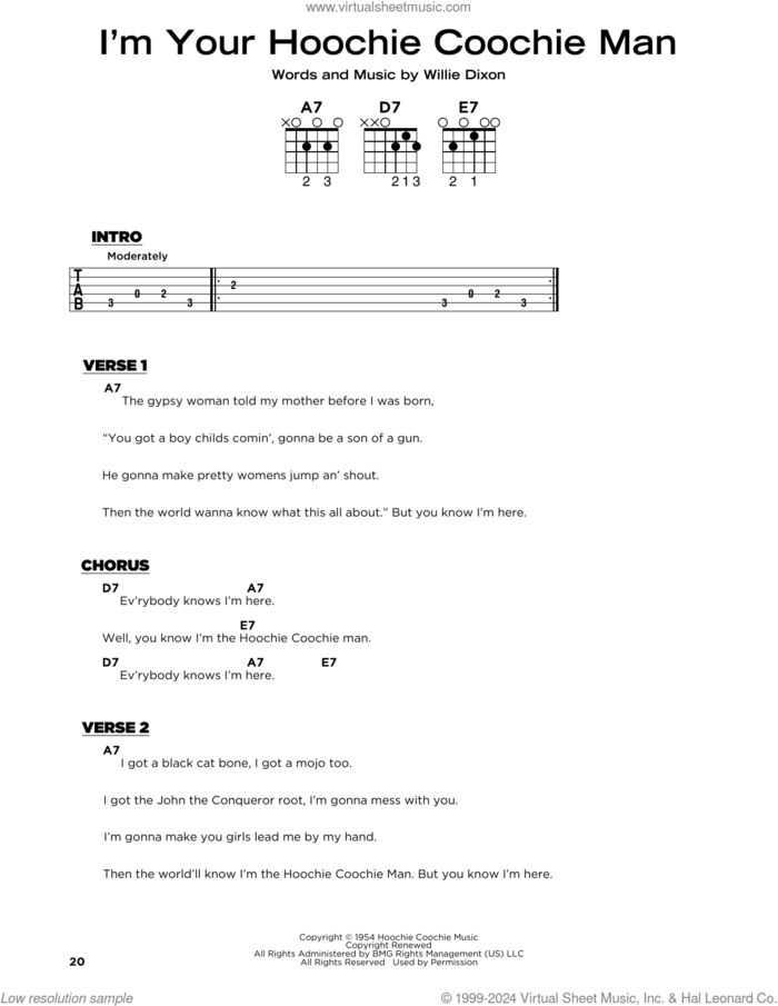 I'm Your Hoochie Coochie Man sheet music for guitar solo by Muddy Waters, Jimi Hendrix and Willie Dixon, beginner skill level