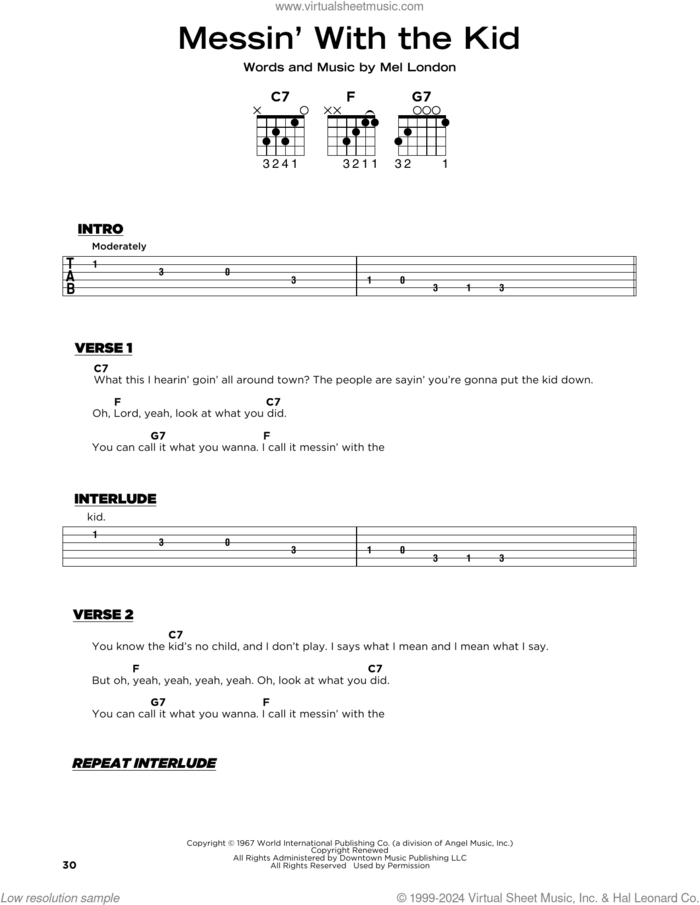 Messin' With The Kid sheet music for guitar solo by Buddy Guy & Junior Wells and Mel London, beginner skill level