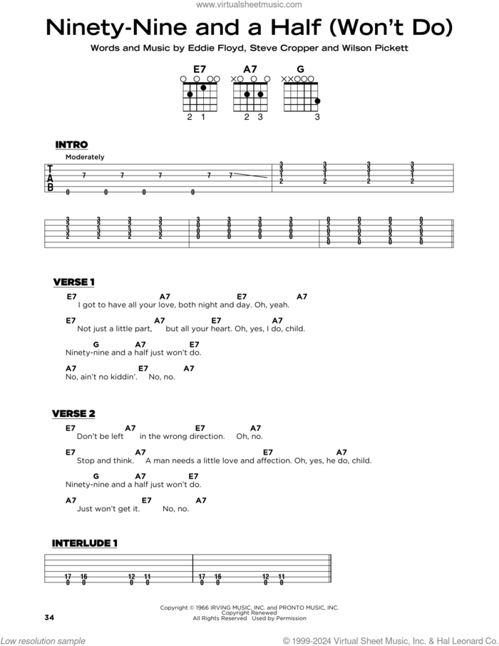 Ninety-Nine And A Half (Won't Do) sheet music for guitar solo by Wilson Pickett, Eddie Floyd and Steve Cropper, beginner skill level