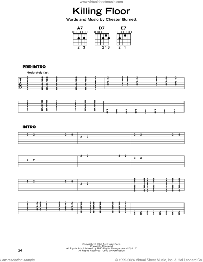 Killing Floor sheet music for guitar solo by Howlin' Wolf, Albert King, Jimi Hendrix, Mike Bloomfield and Chester Burnett, beginner skill level