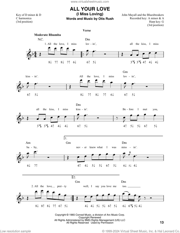 All Your Love (I Miss Loving) sheet music for harmonica solo by Otis Rush and Eric Clapton, intermediate skill level