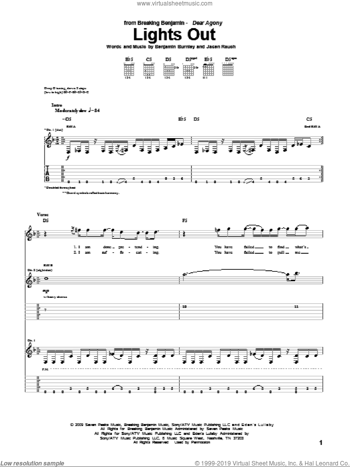 Lights Out sheet music for guitar (tablature) by Breaking Benjamin, Benjamin Burnley and Jasen Rauch, intermediate skill level