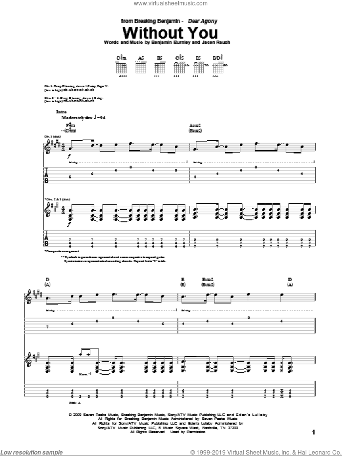 Without You sheet music for guitar (tablature) by Breaking Benjamin, Benjamin Burnley and Jasen Rauch, intermediate skill level