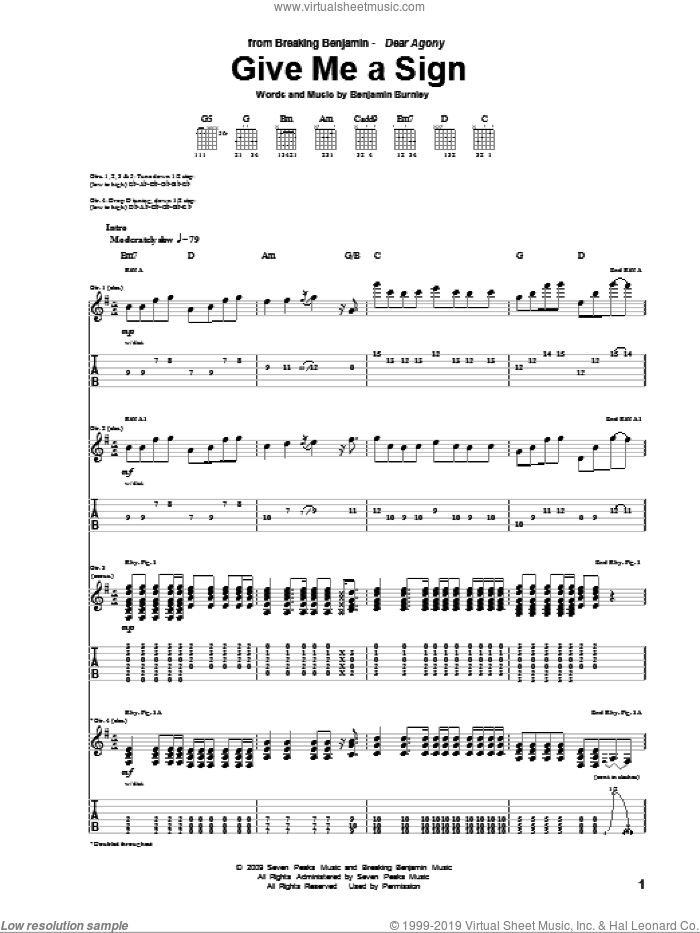 Give Me A Sign sheet music for guitar (tablature) by Breaking Benjamin and Benjamin Burnley, intermediate skill level
