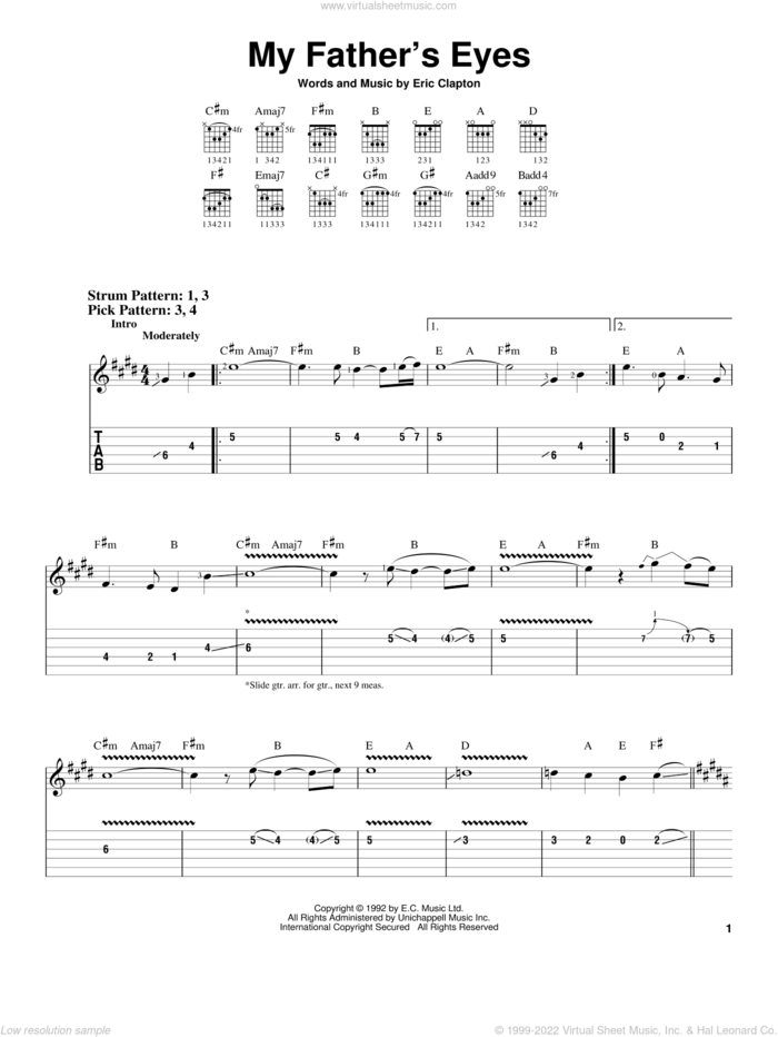 My Father's Eyes sheet music for guitar solo (easy tablature) by Eric Clapton, easy guitar (easy tablature)