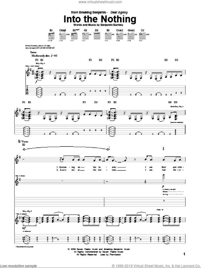 Into The Nothing sheet music for guitar (tablature) by Breaking Benjamin and Benjamin Burnley, intermediate skill level