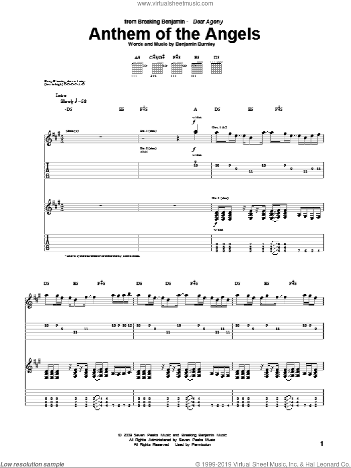 Anthem Of The Angels sheet music for guitar (tablature) by Breaking Benjamin and Benjamin Burnley, intermediate skill level