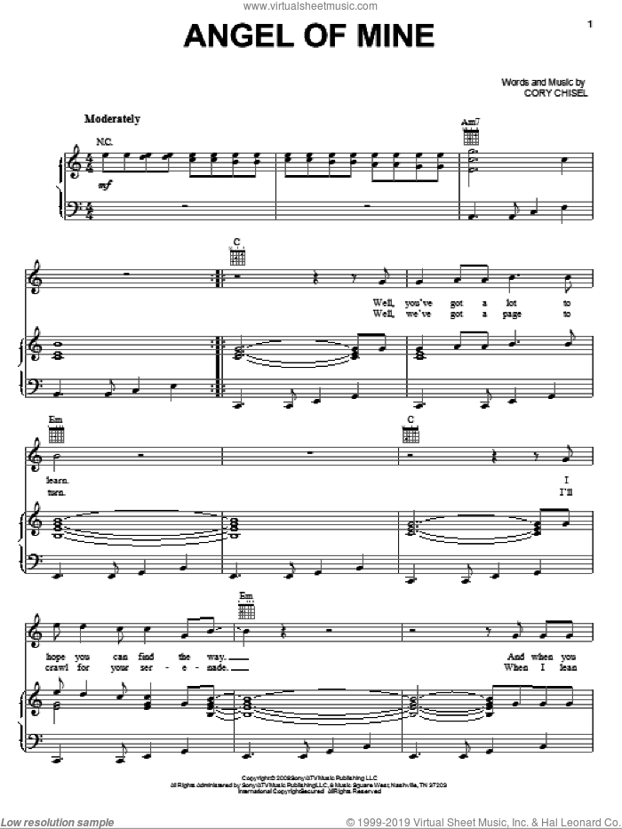 Angel Of Mine sheet music for voice, piano or guitar by Cory Chisel And The Wandering Sons and Cory Chisel, intermediate skill level