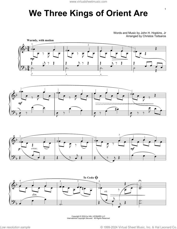 We Three Kings Of Orient Are (arr. Christos Tsitsaros) sheet music for voice and other instruments (E-Z Play) by John H. Hopkins, Jr. and Christos Tsitsaros, easy skill level