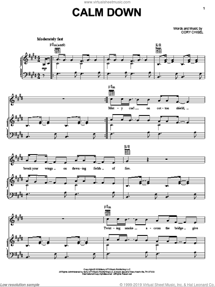 Calm Down sheet music for voice, piano or guitar by Cory Chisel And The Wandering Sons and Cory Chisel, intermediate skill level