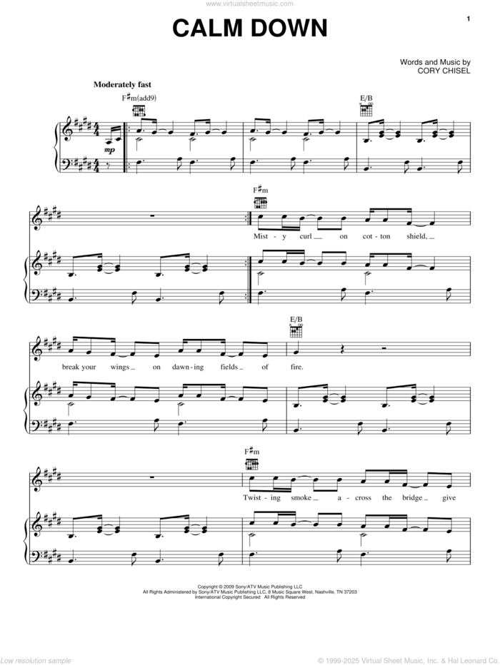 Calm Down sheet music for voice, piano or guitar by Cory Chisel And The Wandering Sons and Cory Chisel, intermediate skill level