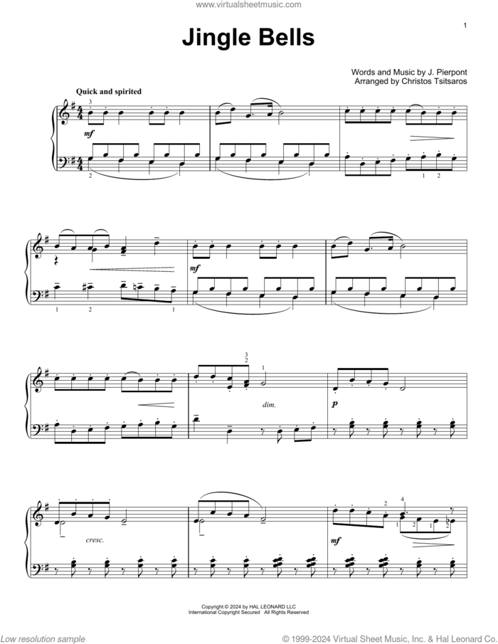 Jingle Bells (arr. Christos Tsitsaros) sheet music for voice and other instruments (E-Z Play) by James Pierpont and Christos Tsitsaros, easy skill level