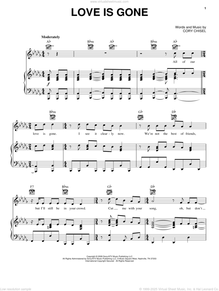 Love Is Gone sheet music for voice, piano or guitar by Cory Chisel And The Wandering Sons and Cory Chisel, intermediate skill level