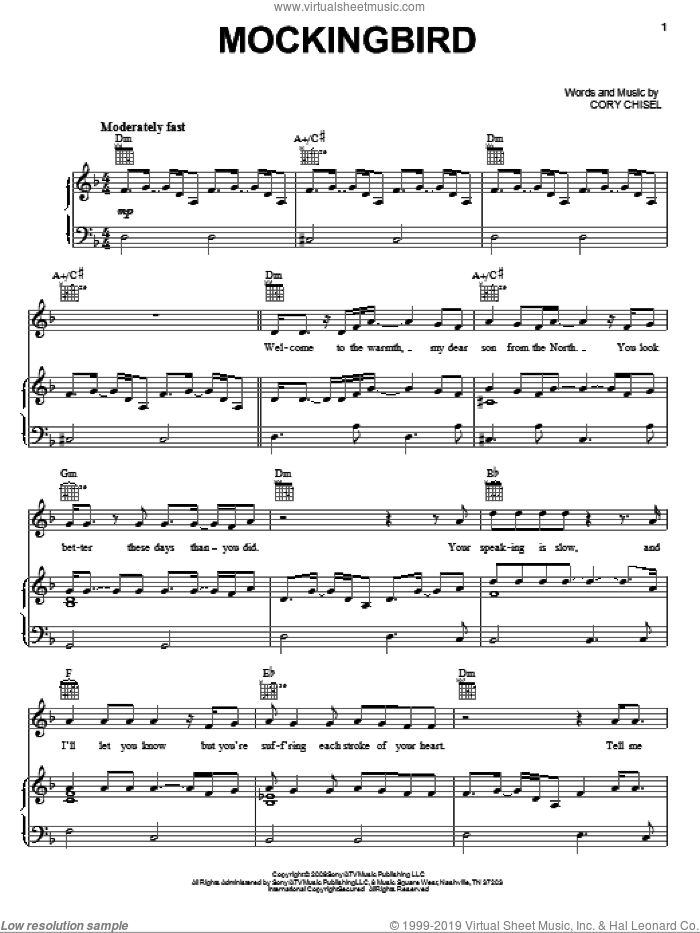 Mockingbird sheet music for voice, piano or guitar by Cory Chisel And The Wandering Sons and Cory Chisel, intermediate skill level