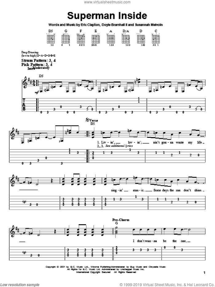 Superman Inside sheet music for guitar solo (easy tablature) by Eric Clapton, Doyle Bramhall and Susannah Melvoin, easy guitar (easy tablature)