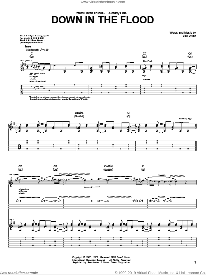 Down In The Flood sheet music for guitar (tablature) by The Derek Trucks Band and Bob Dylan, intermediate skill level