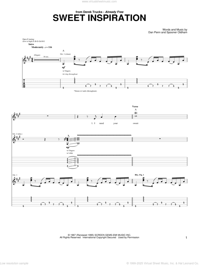 Sweet Inspiration sheet music for guitar (tablature) by The Derek Trucks Band, Rita Coolidge, Dan Penn and Spooner Oldham, intermediate skill level