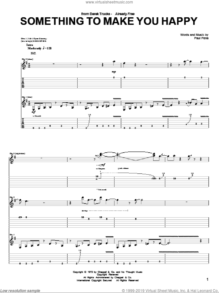 Something To Make You Happy sheet music for guitar (tablature) by The Derek Trucks Band and Paul Pena, intermediate skill level