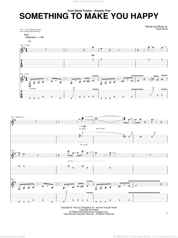 Something To Make You Happy sheet music for guitar (tablature) by The Derek Trucks Band and Paul Pena, intermediate skill level