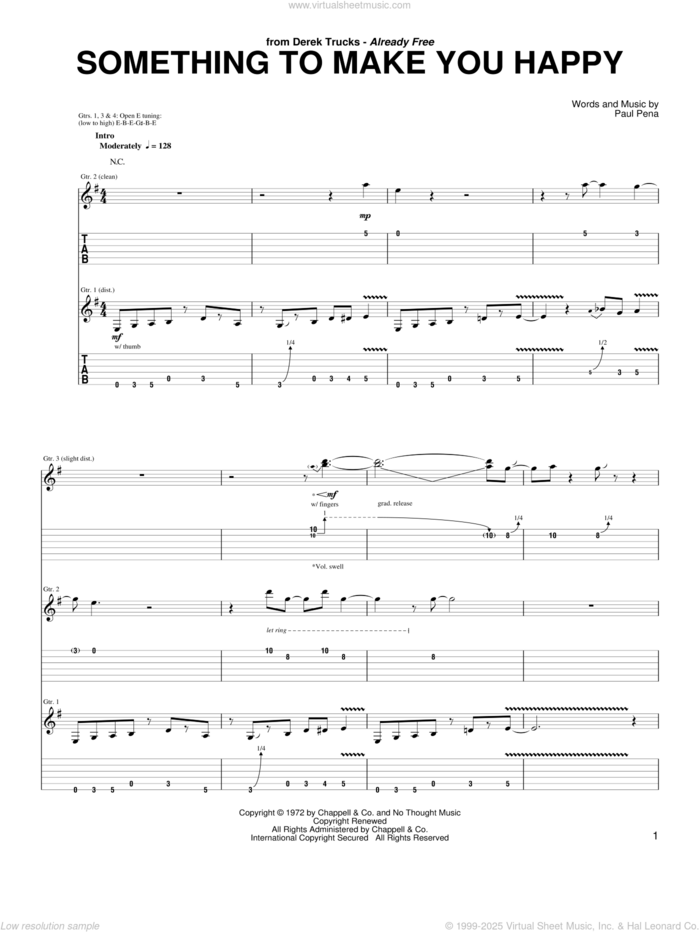 Something To Make You Happy sheet music for guitar (tablature) by The Derek Trucks Band and Paul Pena, intermediate skill level