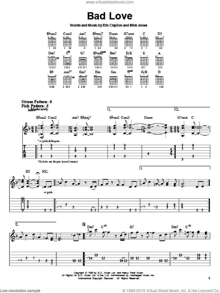 Bad Love sheet music for guitar solo (easy tablature) by Eric Clapton and Mick Jones, easy guitar (easy tablature)