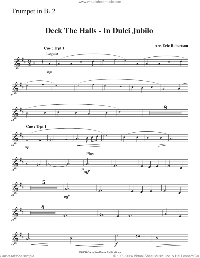 Deck the Halls, in dulci jubilo (with organ) sheet music for brass ensemble (Bb trumpet 2) by Canadian Brass, Eric Robertson and Miscellaneous, intermediate skill level