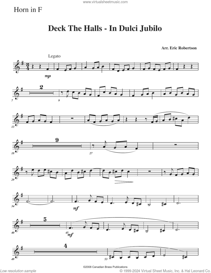 Deck the Halls, in dulci jubilo (with organ) sheet music for brass ensemble (f horn) by Canadian Brass, Eric Robertson and Miscellaneous, intermediate skill level