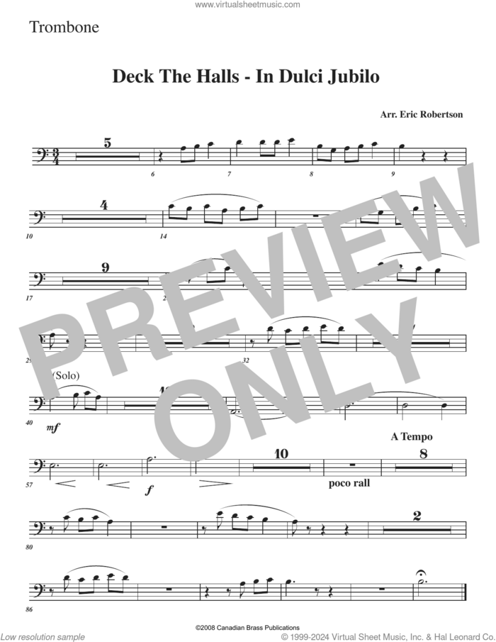 Deck the Halls, in dulci jubilo (with organ) sheet music for brass ensemble (trombone) by Canadian Brass, Eric Robertson and Miscellaneous, intermediate skill level