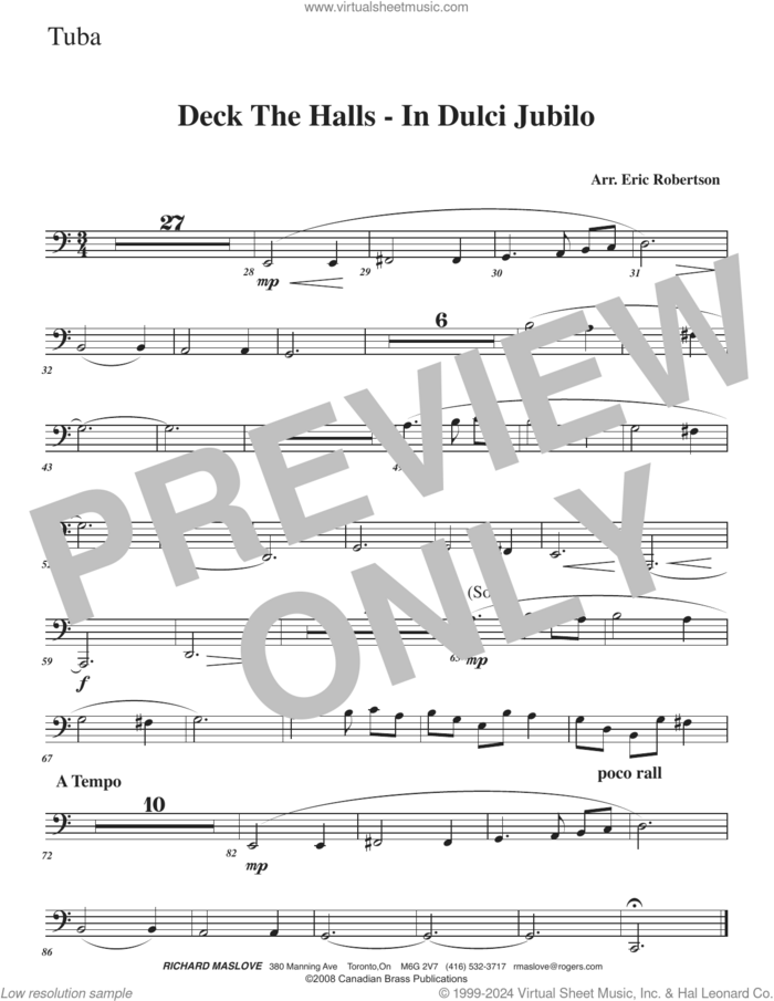 Deck the Halls, in dulci jubilo (with organ) sheet music for brass ensemble (tuba) by Canadian Brass, Eric Robertson and Miscellaneous, intermediate skill level