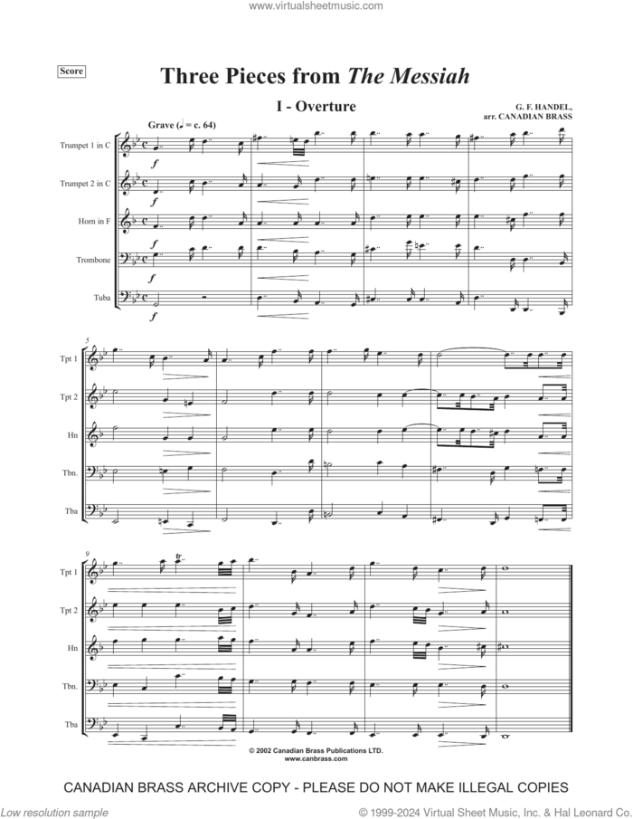 Three Pieces from the Messiah (COMPLETE) sheet music for brass ensemble by George Frideric Handel and Canadian Brass, classical score, intermediate skill level