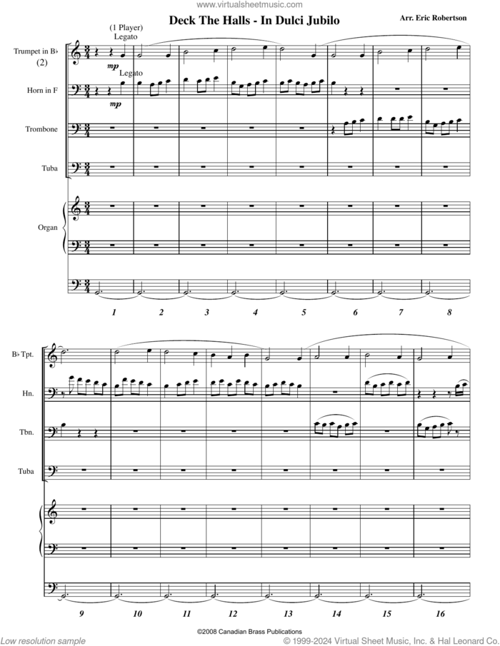 Deck the Halls - In Dulci Jubilo (with Organ) (COMPLETE) sheet music for brass ensemble by Canadian Brass, Eric Robertson and Miscellaneous, intermediate skill level