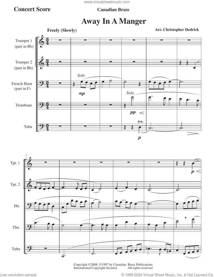 Away In A Manger (COMPLETE) sheet music for brass ensemble by Canadian Brass, Christopher Dedrick and Miscellaneous, intermediate skill level