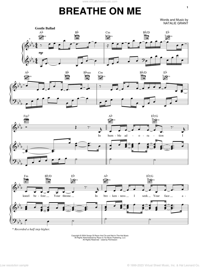 Breathe On Me sheet music for voice, piano or guitar by Natalie Grant, intermediate skill level
