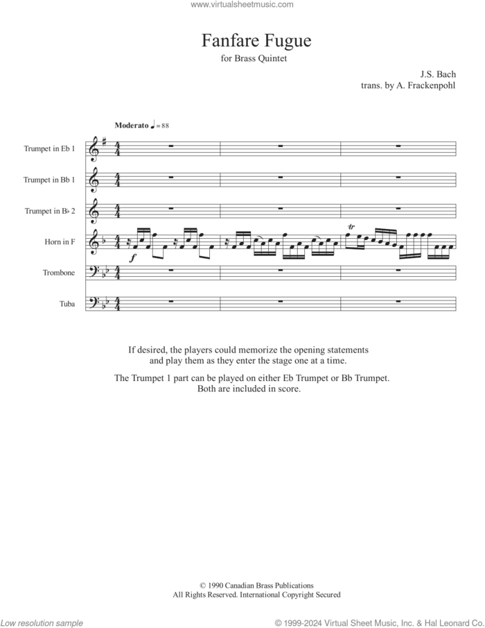 Fanfare Fugue (COMPLETE) sheet music for brass ensemble by Johann Sebastian Bach, Arthur Frackenpohl and Canadian Brass, classical score, intermediate skill level