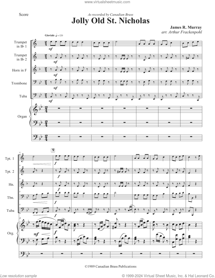 Jolly Old St. Nicholas (with Organ) (COMPLETE) sheet music for brass ensemble by Canadian Brass, Arthur Frackenpohl and James R. Murray, intermediate skill level