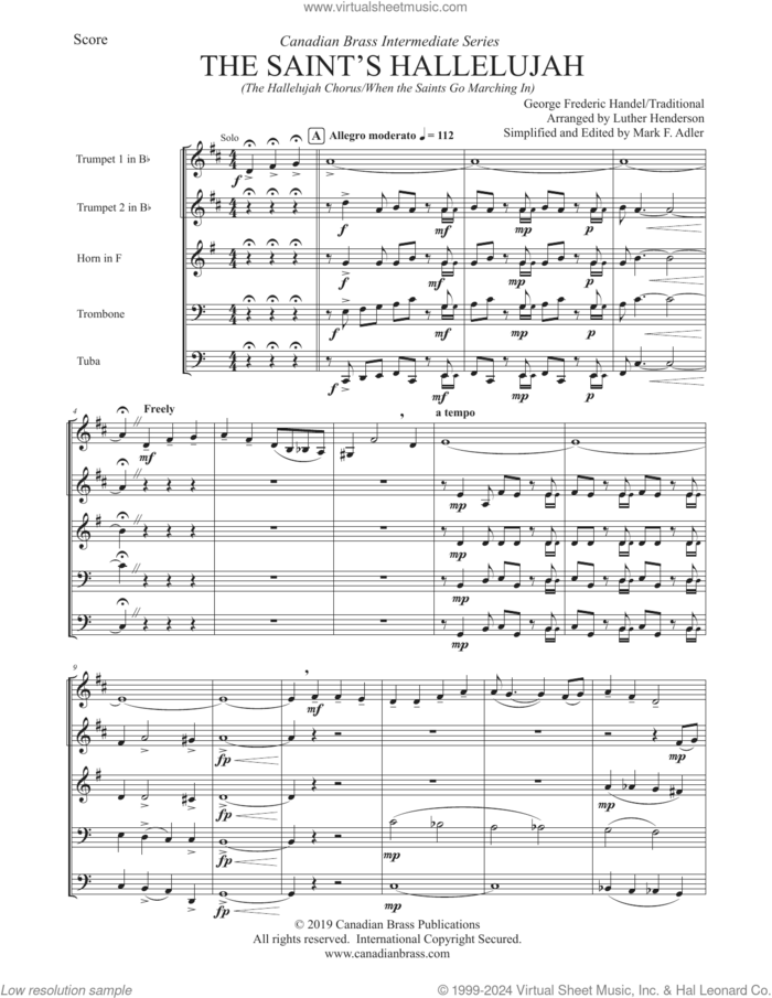 The Saints' Hallelujah (Intermediate) (COMPLETE) sheet music for brass quintet by Canadian Brass, George Frideric Handel, Luther Henderson and Mark Adler and Miscellaneous, classical score, intermediate skill level