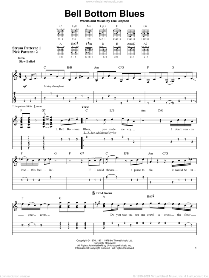 Bell Bottom Blues sheet music for guitar solo (easy tablature) by Derek And The Dominos and Eric Clapton, easy guitar (easy tablature)