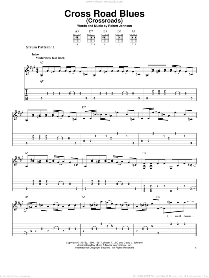 Cross Road Blues (Crossroads) sheet music for guitar solo (easy tablature) by Cream, Eric Clapton and Robert Johnson, easy guitar (easy tablature)