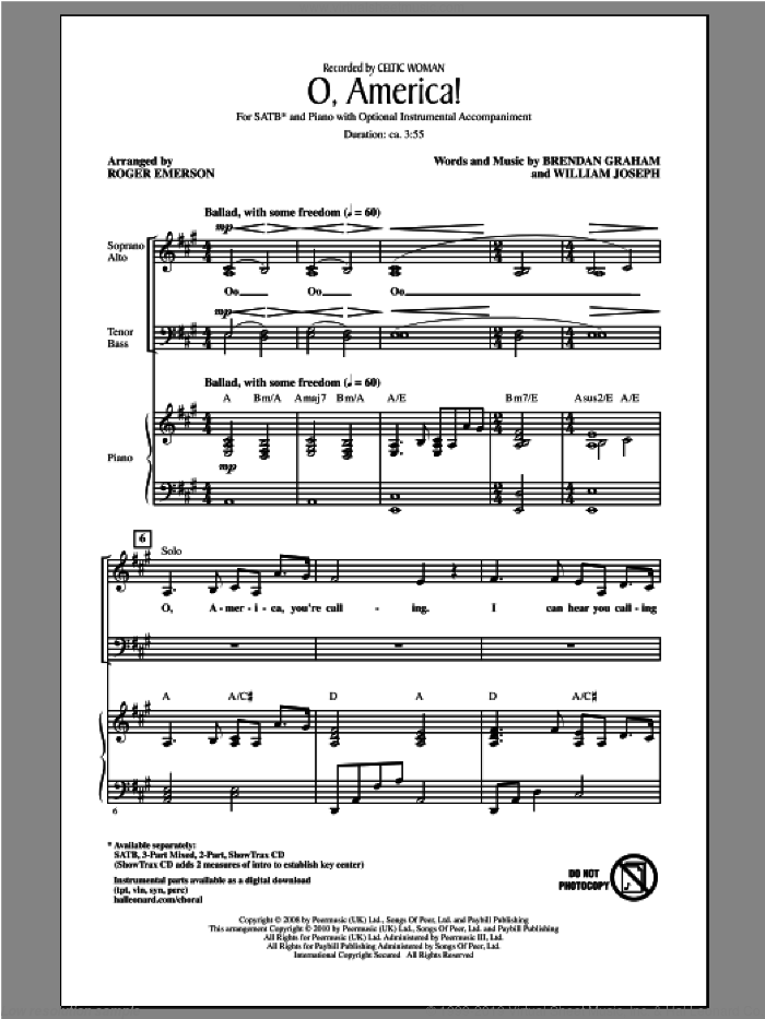 O, America! sheet music for choir (SATB: soprano, alto, tenor, bass) by Brendan Graham, William Joseph, Celtic Woman and Roger Emerson, intermediate skill level