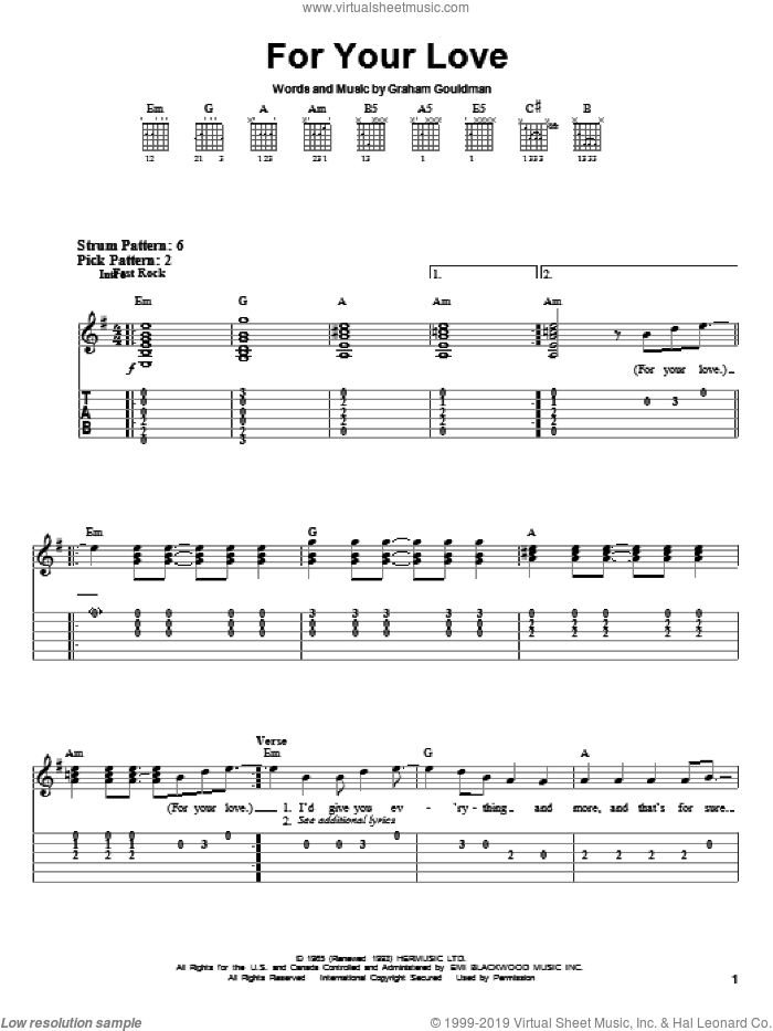 For Your Love sheet music for guitar solo (easy tablature) by The Yardbirds, Eric Clapton and Graham Gouldman, easy guitar (easy tablature)