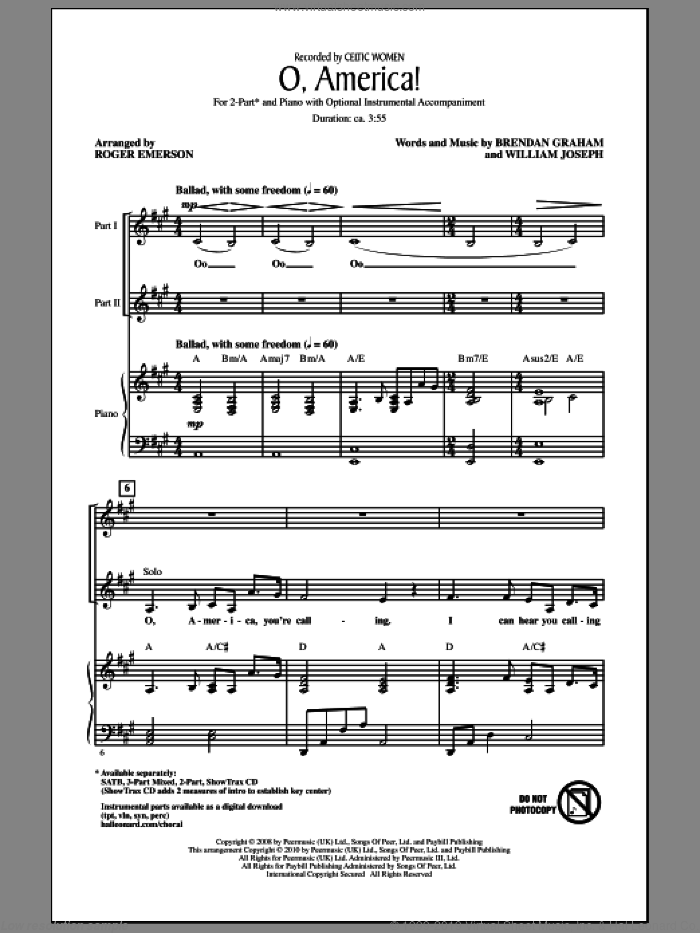 O, America! sheet music for choir (2-Part) by Brendan Graham, William Joseph, Celtic Woman and Roger Emerson, intermediate duet