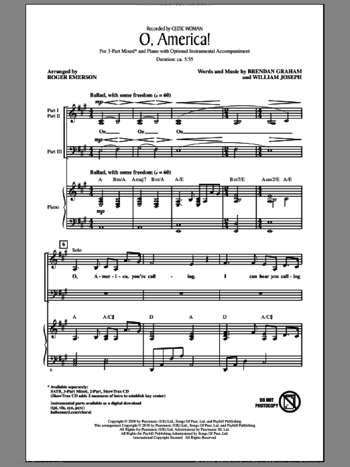 O, America! sheet music for choir (3-Part Mixed) by Brendan Graham, Celtic Woman, William Joseph and Roger Emerson, intermediate skill level