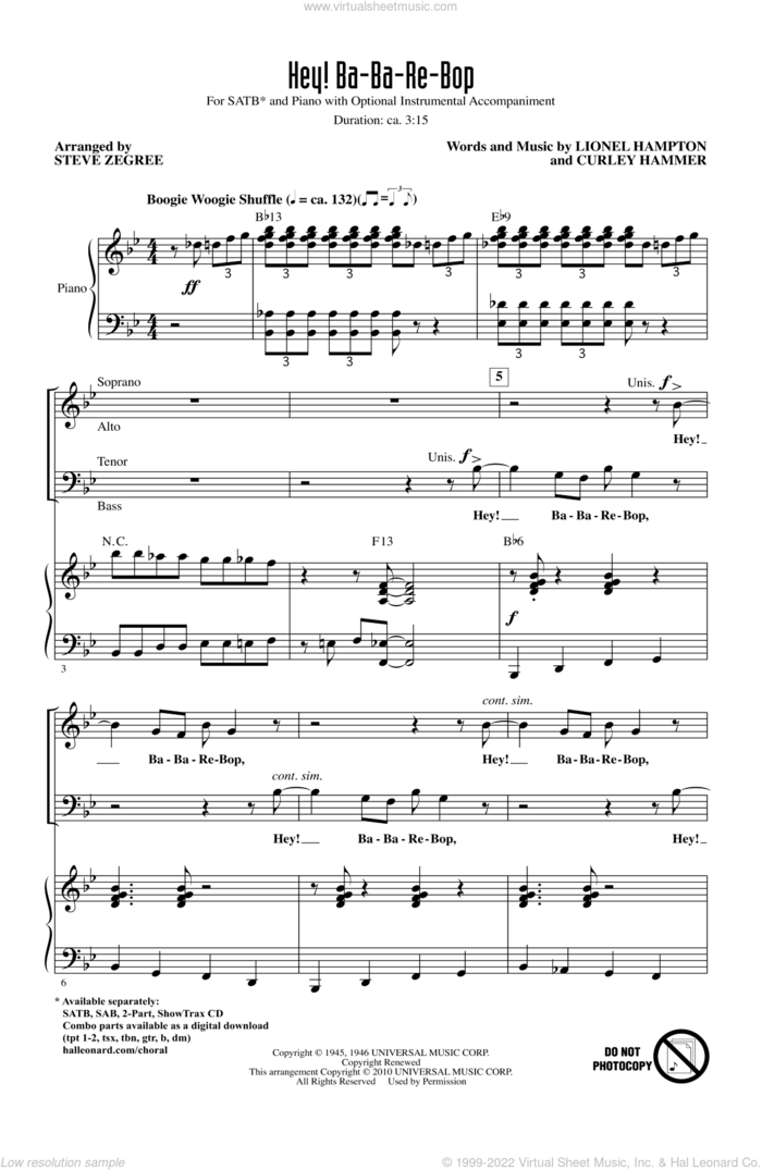Hey! Ba-Ba-Re-Bop sheet music for choir (SATB: soprano, alto, tenor, bass) by Lionel Hampton, Curley Hammer and Steve Zegree, intermediate skill level