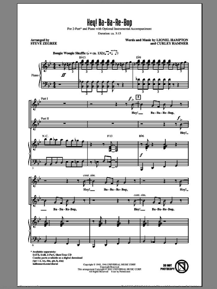 Hey! Ba-Ba-Re-Bop sheet music for choir (2-Part) by Lionel Hampton, Curley Hammer and Steve Zegree, intermediate duet