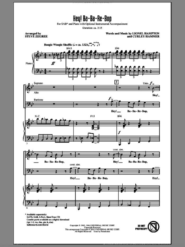 Hey! Ba-Ba-Re-Bop sheet music for choir (SAB: soprano, alto, bass) by Lionel Hampton, Curley Hammer and Steve Zegree, intermediate skill level
